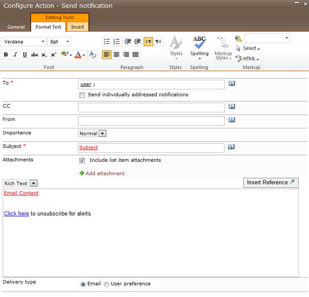 configure action send notification